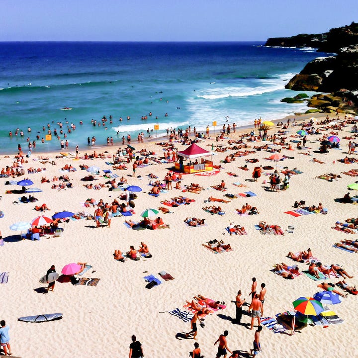 People sunbathing and swimming at a beach in Sydney, Australia