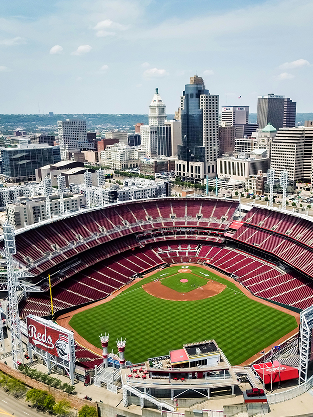 An aerial view of Fountain Square baseball stadium, home of the Cincinnati Reds baseball team in Ohio, USA near ELS Language Centers.