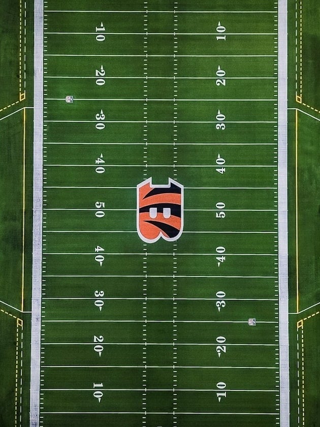 An aerial view of the field at the Cincinnati Bengals football stadium in Ohio, USA near ELS Language Centers.