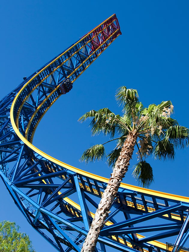 A roller coaster at Six Flags Magic Mountain amusement park in Valencia, California, USA near ELS Los Angeles County.