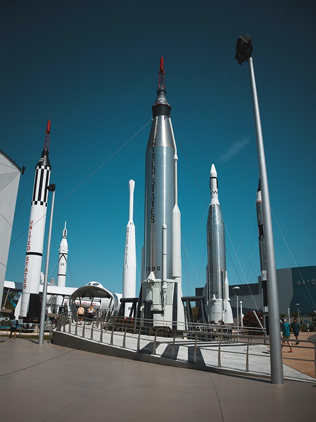 An outdoor display of rockets at the Kennedy Space Center Visitor Complex on Merritt Island, Florida, USA, near ELS Language Centers.