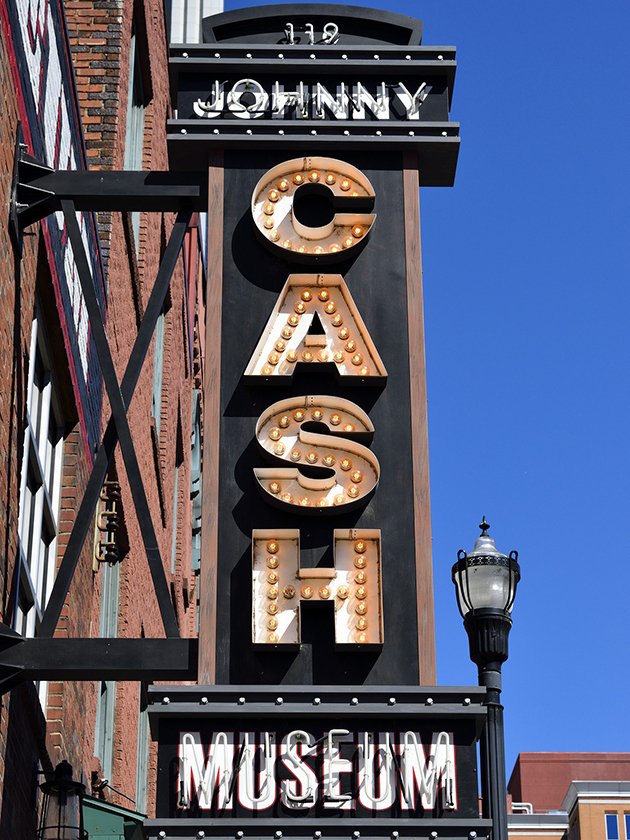 A sign outside the Johnny Cash Museum in Nashville, Tennessee, USA near ELS Language Centers.