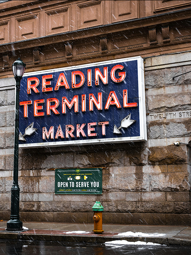 A large sign at Reading Terminal Market in Philadelphia, Pennsylvania, USA near ELS Language Centers.