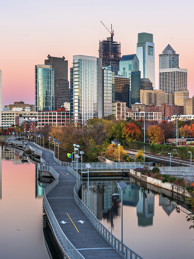 A riverside city view from the Schuylkill Banks Boardwalk in Philadelphia, Pennsylvania, USA near ELS Language Centers.