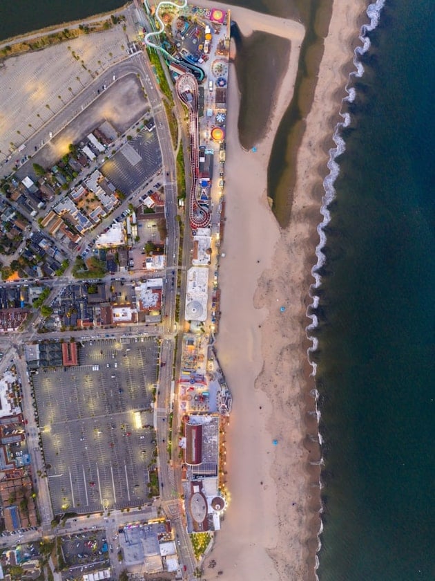 An aerial view of the Santa Cruz Beach Boardwalk in California, USA, near ELS San Francisco, North Bay.